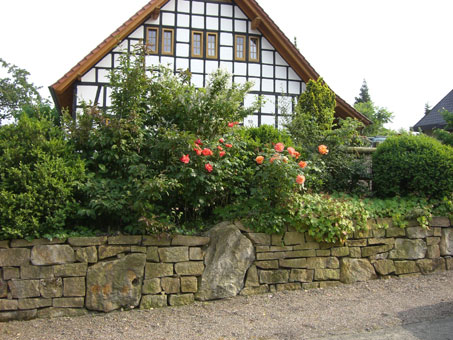 Schöne Natursteinmauer mit Bepflanzung