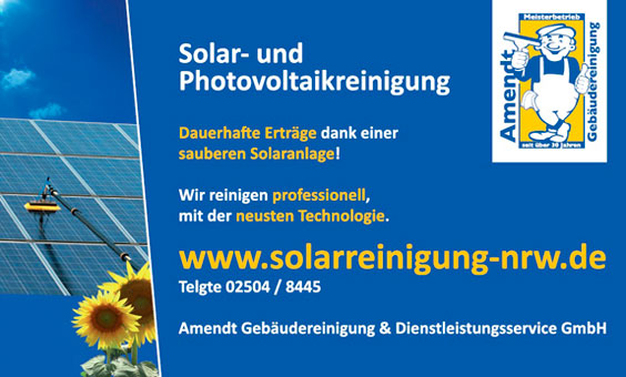 Solarreinigung und Photovoltaikreinigung von der Amendt Gebäudereinigung & Dienstleistungsservice GmbH. 
Wir verhindern Ihren Ertragsverlust!