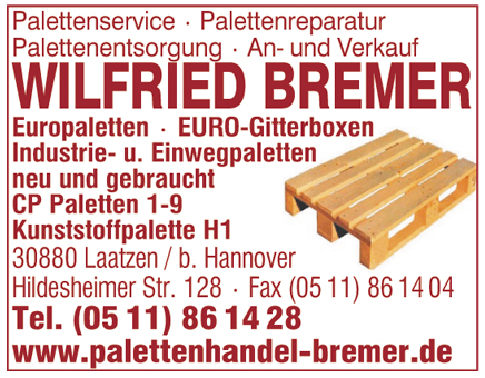 Palettenhandel Wilfried Bremer in Nordstemen. Unser Service für Sie: - Auslieferung Ihrer bestellten Paletten.  Abholung Ihrer zu verkaufenden Paletten. Reparatur Ihrer defekten Europaletten, ggf. inklusive Abholung und  Auslieferung durch eigene LKW`s.  Wir sind ein durch die SGS zugelassener und kontrollierter Europaletten Reparaturbetrieb.