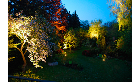 Durch gezielt beleuchtete Pflanzen und Objekte bekommt der Garten bei Dunkelheit ein neues Gesicht