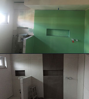 Trockenbau: Badezimmer mit feuchtraumgeeigneten Gipskartonplatten