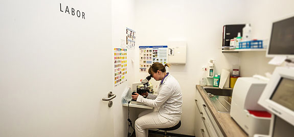 In unserem eigenen Labor bieten wir Ihnen eine schnelle Diagnostik von Urin- und Blutproben sowie parasitologische Untersuchungen