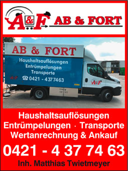 AB & FORT ist Ihr Partner für Haushaltsauflösungen, Entrümpelung, Umzüge und Transporte. AB & FORT ist Ihr Partner für Haushaltsauflösungen, Entrümpelung, Umzüge und Transporte.