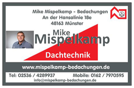 Visitenkarte von Mike Mispelkamp Bedachungen aus Münster Visitenkarte von Mike Mispelkamp Bedachungen aus Münster