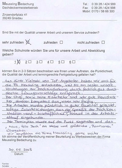 Unsere Beurteilung durch einen Kunden Unsere Beurteilung durch einen Kunden