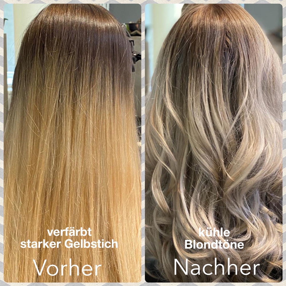 Verfärbte Haare mit starkem Gelbstich. Aus Gelb wird kühles Blond.