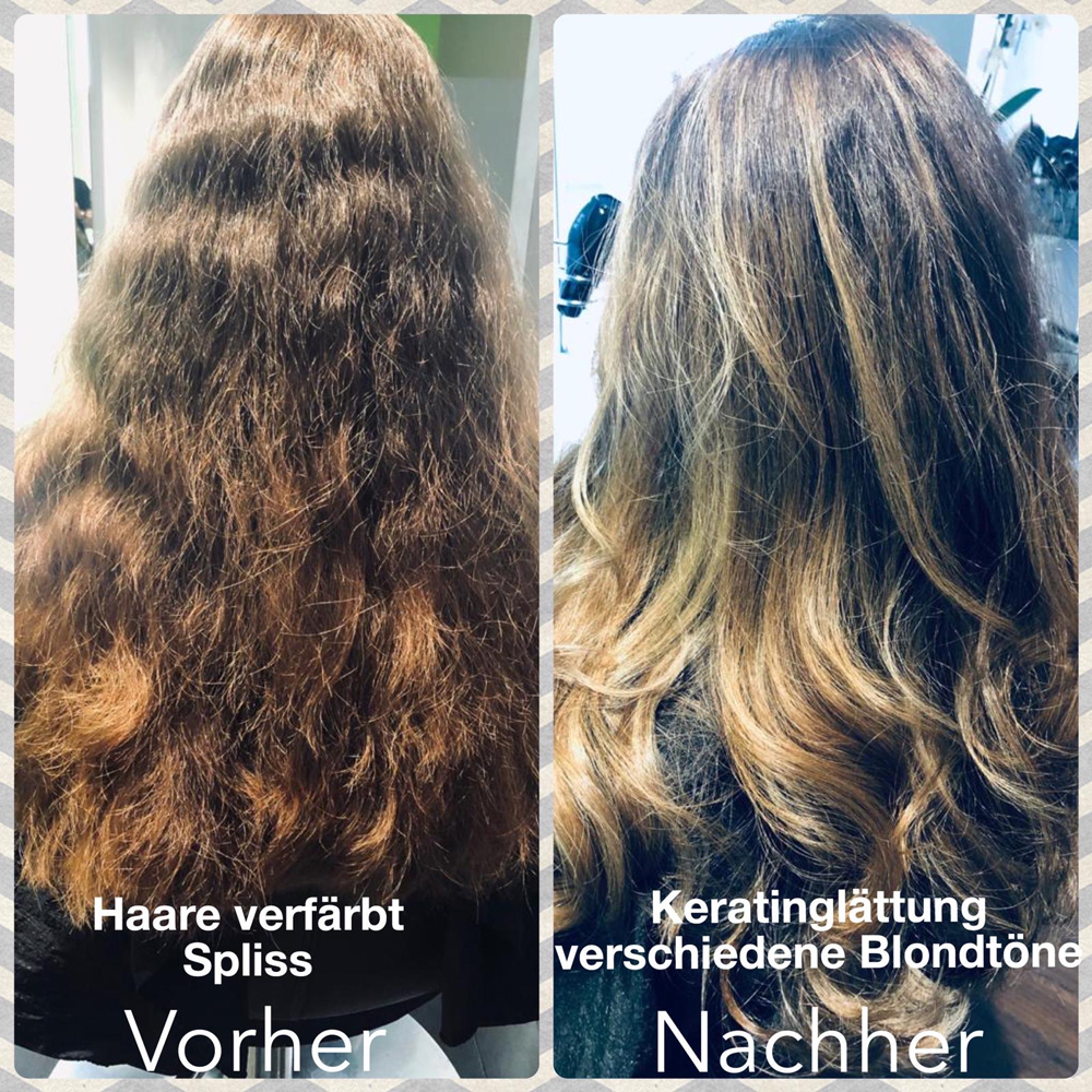 Haar mit starkem Spliss und verfärbt. Keratinglättung, verschiedene Blondtöne