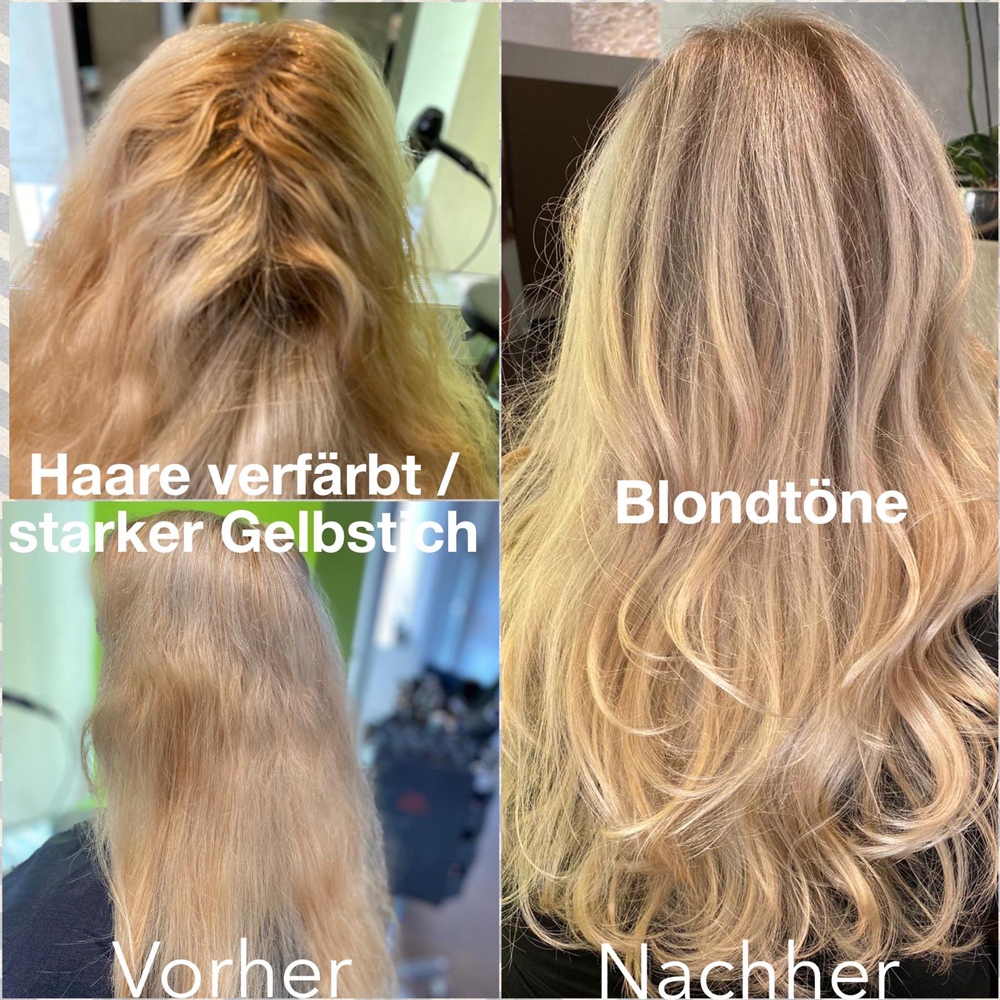 Ansatz nach Eigenversuch orange/gelb verfärbt. Neufärbung in warmen Blond.