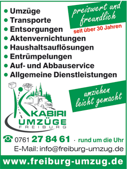 Das Familenunternehmen Kabiri Umzüge & Transporte aus Freiburg i. Br. wurde 1986 von Nader Kabiri gegründet. Von Beginn an stand sein freundlicher Umgang mit Menschen im Vordergrund. Seither hat uns ein breiter Kundenstamm sein Vertrauen geschenkt!