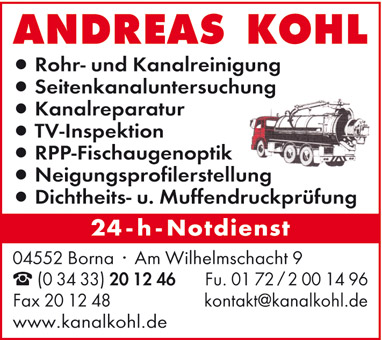 Rohr- und Kanalreinigung Andreas Kohl - 24 Stunden Notdienst Rohr- und Kanalreinigung Andreas Kohl - 24 Stunden Notdienst