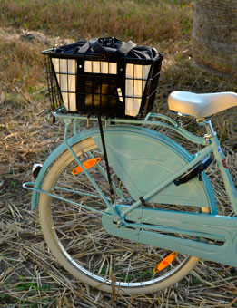 Eine spezielle Fahrradtasche, die man sicher im Fahrradkorb platzieren und transportieren kann