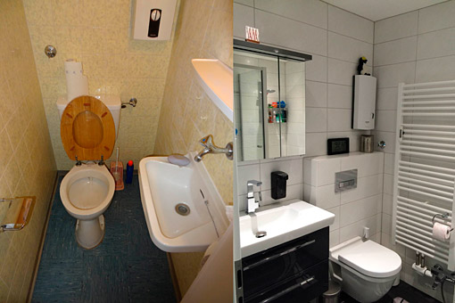 Altes WC in neues Traumbad umgewandelt. Von den Leitungen über Boden und Fliesen bis zu den neuen Badezimmer-Elementen