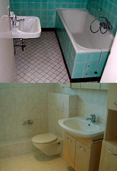 komplette Leitungen erneuert, WC und Waschbecken versetzt und erneuert, Barrierefreie Dusche eingebaut Boden- und Wandfliesen erneuert