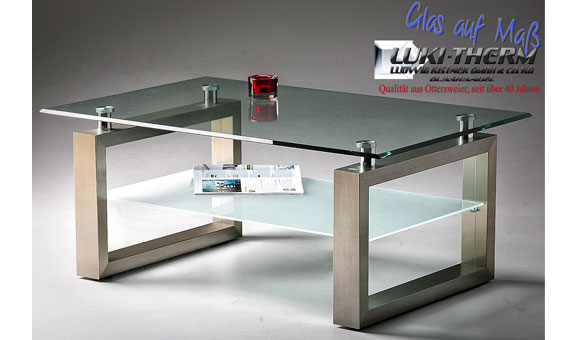 Glastischplatte mit Metallhaltern verklebt Glastischplatte mit Metallhaltern verklebt