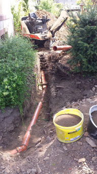 Verlegen von neuen Abwasserleitungen nach Rohrbruch oder Wurzeleinwuchs.