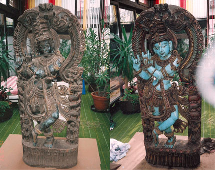 Restaurierung Indischer Gott vorher -  Indischer Gott nachher