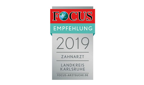 Unsere Auszeichnung als empfohlener Zahnarzt durch Focus-Gesundheit im Jahr 2019