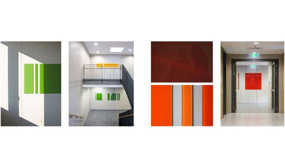 Gestaltung von vier Stockwerken, Berufsbildungsschule Mainz BBS II, Keramische Farbe/Weissglas
