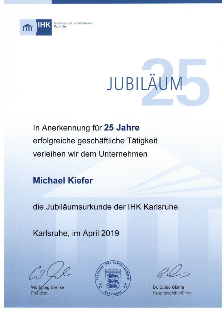 Jubiläumsurkunde der IHK Karlsruhe